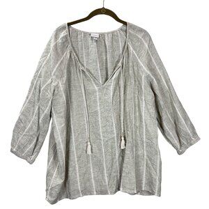 Merona Womens Boho Peasant Blouse Gauzy Linen L Beige Striped 3/4 Sleeve Tassel